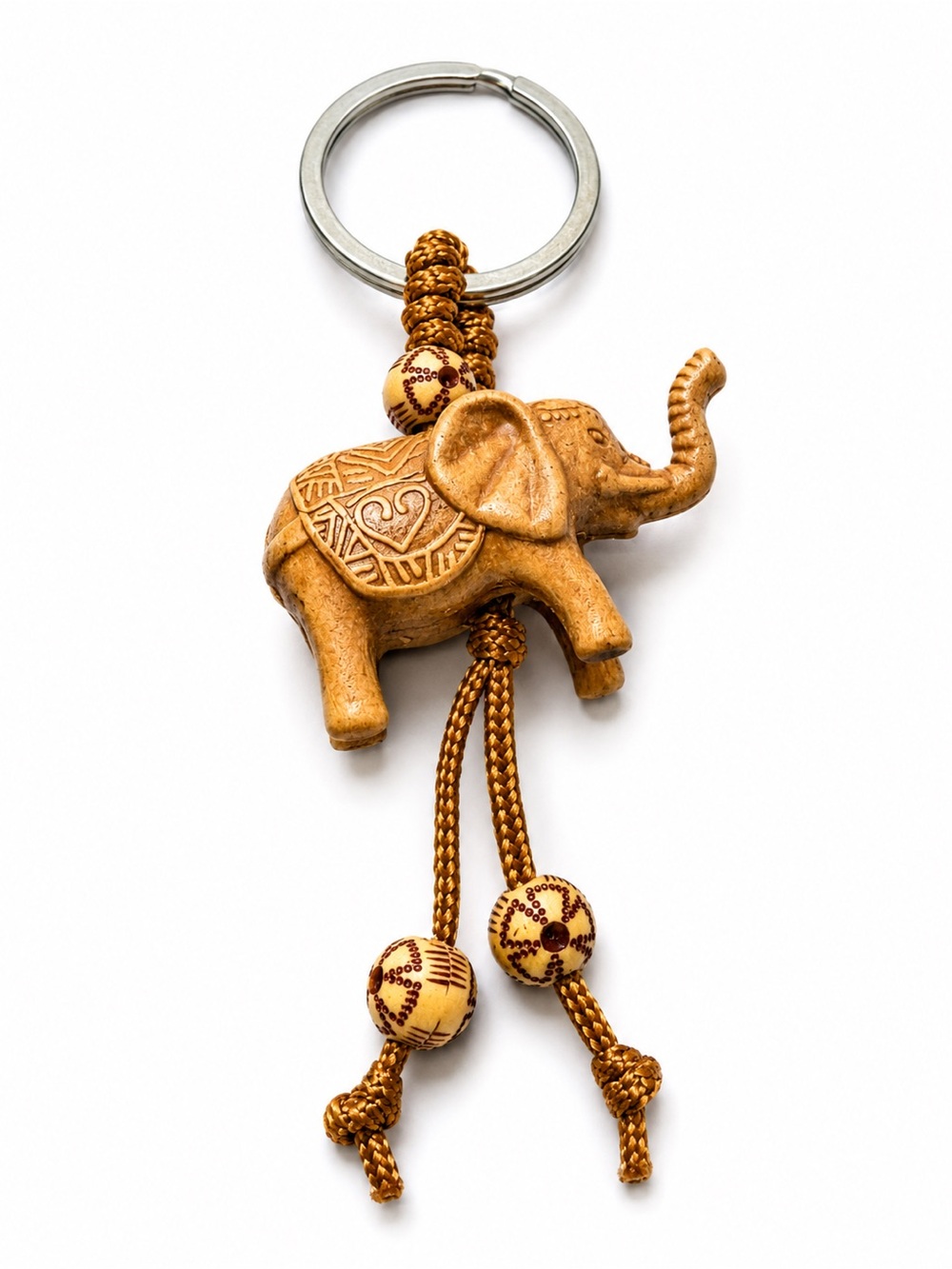 Thai Elephant Keychain with Heart Design | Wood Look Plastic Charm / Cute